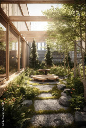 Private garden that merges modernist design principles with the contemporary Scandinavian residential architecture that captures the minimalist and contemporary design philosophy. Generative AI © piai