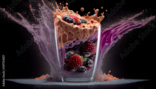 Dewberry Smoothie-Juice Splashing ver on Dark backdrop AI Generative