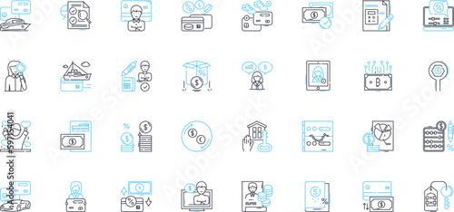 Banking services linear icons set. Deposits, Withdrawals, Loans, Mortgages, Investments, Savings, Checking line vector and concept signs. Credit,Debit,Overdraft outline illustrations