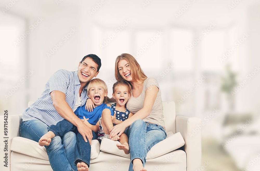 Cheerful little child playing with family
