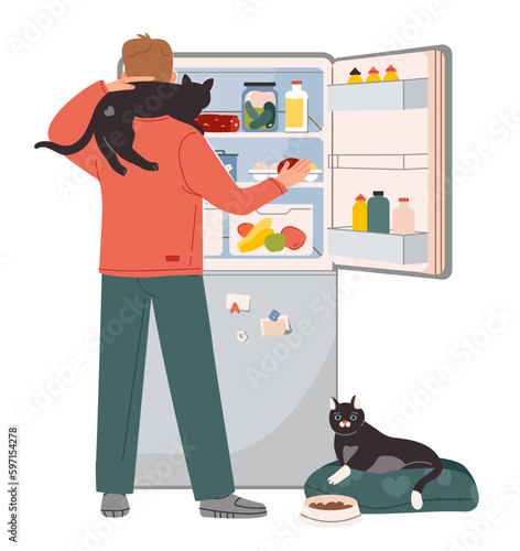 Pet owner. The man opened the fridge with food and feeds the cats. Hungry man checking refrigerator with food. Flat vector illustration.
