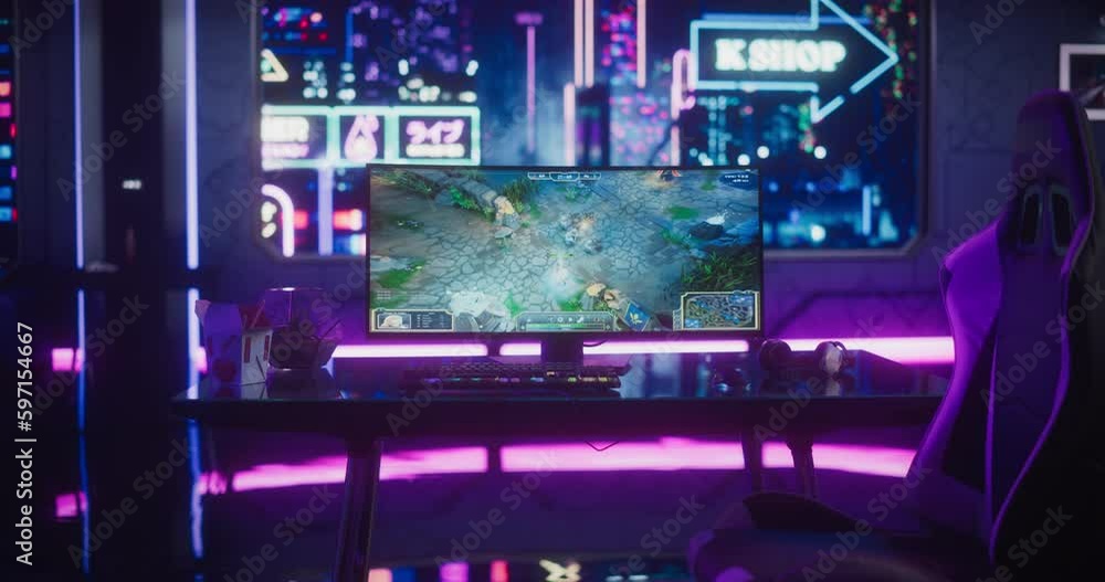 Empty Gaming Space with Computer Screen Showing Fantasy RPG Strategy Video Game. Online eSports Gaming Tournament Live Broadcast. Display on a Table in a Futuristic Cyberpunk Room with Neon Light Empty Gaming Space with Computer Screen Showing Fantasy RPG Strategy Video Game. Online eSports Gaming Tournament Live Broadcast. Display on a Table in a Futuristic Cyberpunk Room with Neon Light