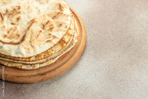 Pitta flat breads. Food recipe background. Close up