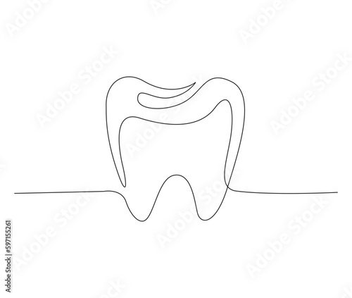Continuous line art drawing of tooth. Dentist orthodontics - tooth single line art drawing vector illustration. Editable stroke.
