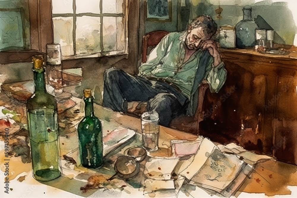 Drinking Trouble - A watercolor portrayal of a disordered living room with a messy table filled with empty bottles, and a disheveled man slouched on a chair. Generative AI