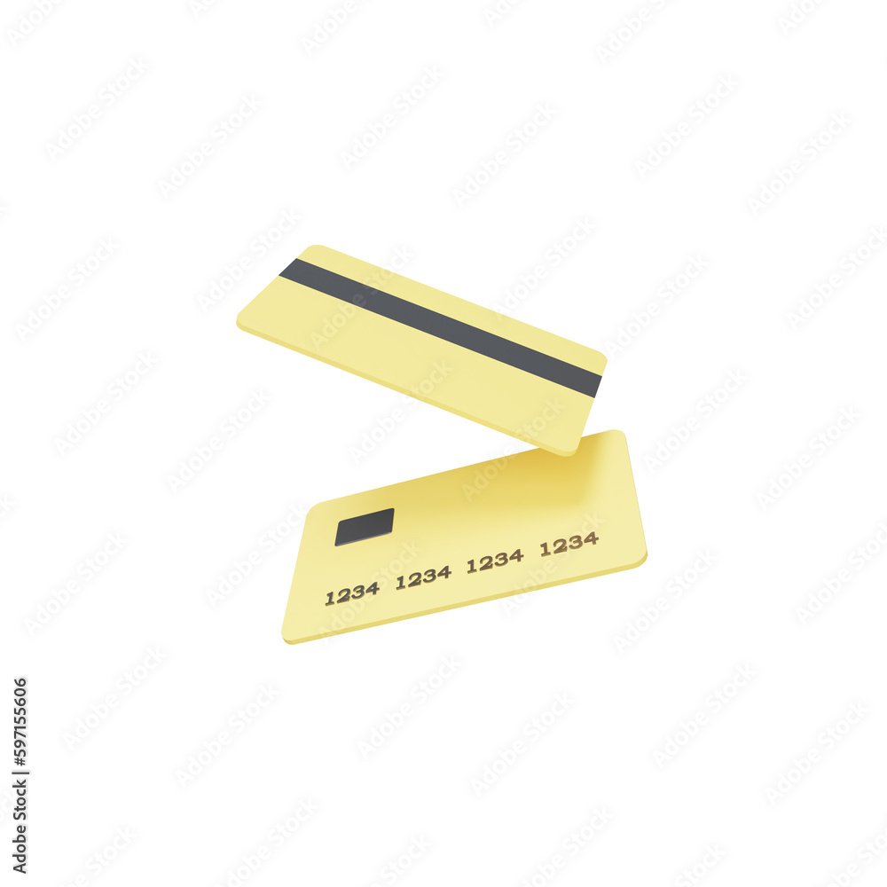 3D credit cards isolated on transparent background. Online payment concept. Money saving. Financial transactions and money transfer. Online shopping and cash back. Yellow. 3D rendering for web, ui 3D credit cards isolated on transparent background. Online payment concept. Money saving. Financial transactions and money transfer. Online shopping and cash back. Yellow. 3D rendering for web, ui