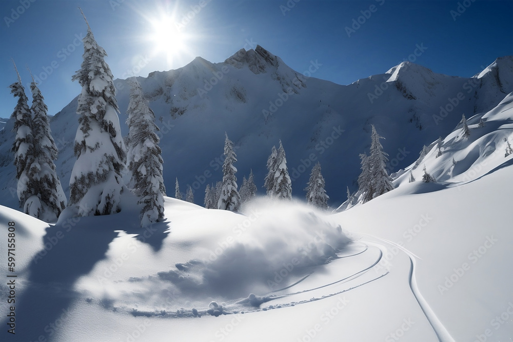 Fototapeta premium Backcountry ski lines cover a beautiful hill of perfect powder with blue skies overhead