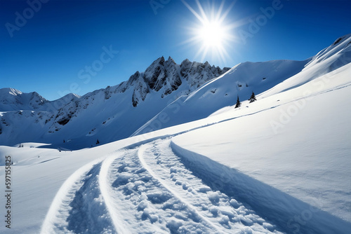 Backcountry ski lines cover a beautiful hill of perfect powder with blue skies overhead