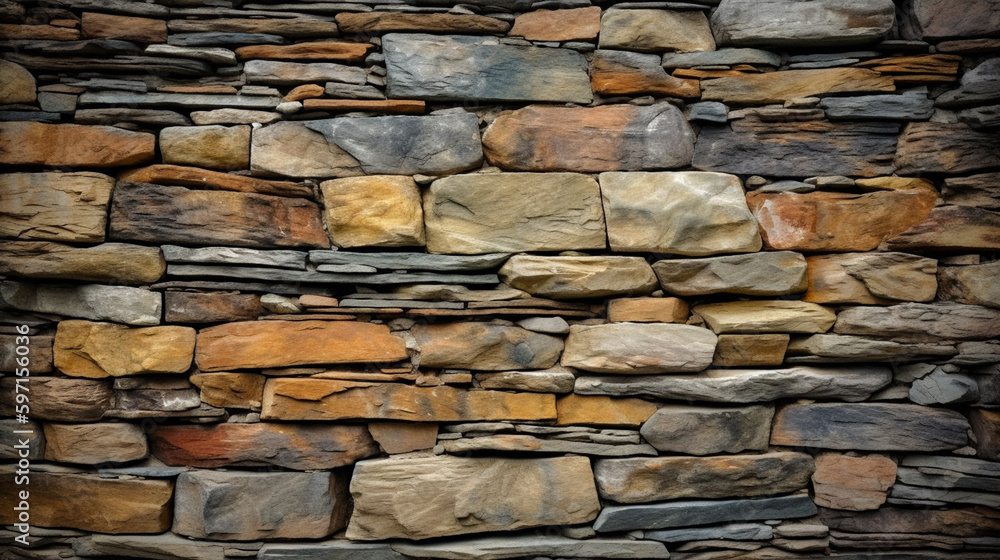Fototapeta premium Pattern of modern style design decorative uneven cracked real stone wall surface. Generative Ai