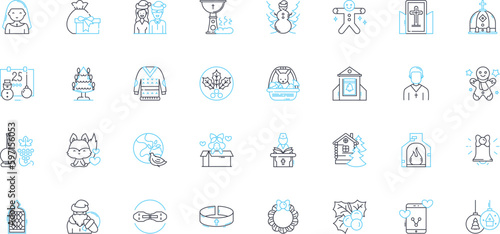 Yuletide festivities linear icons set. Yule, Festive, Cheer, Reindeer, Holly, Mistletoe, Eggnog line vector and concept signs. Joyful,Merry,Jingle outline illustrations