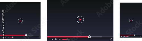 Frame player template. Video player interface for different devices mobile, laptop and tablet screen. Layout window multimedia player. Steaming. Blogging. Social media . Media window bar blank mockup.