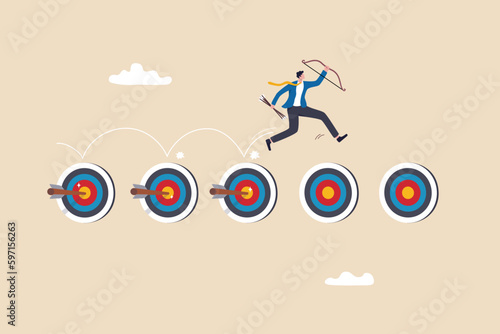 Goal tracking or achievement, effort planning to finish work, performance or track progress, project management or completed tasks concept, businessman holding arrow and bow jump on achieved targets.