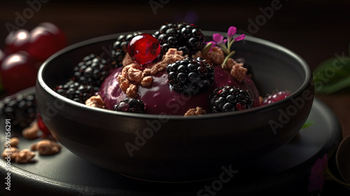 Delicious Luxury Colorful Fruits Ice Cream With Chocolate Syrup in Bowl on Dark Background AI Generative