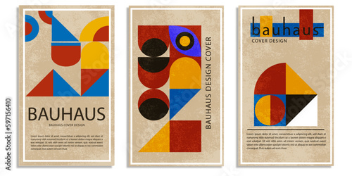 A sen of minimal posters with geometric design, vector template with elements of primitive shapes, modern Bauhaus style