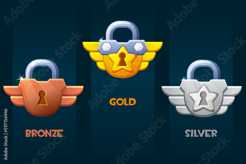 Bronze, silver and golden padlock. Award game icons