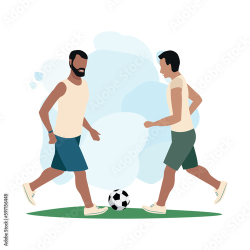 Happy friends play football. Active rest and healthy lifestyle. Vector illustration in a simple style.