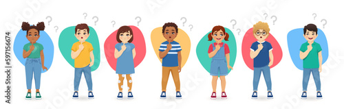 Cute little kids boys and girls thinking with question marks set isolated vector illustration