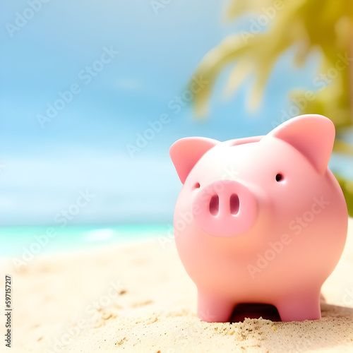 Hucha de un cerdo rosa en la playa de vacaciones. Ahorrar para gastar en vacaciones en la playa. Ilustración creada con herramientas generativas de IA. © Shyla Marsare