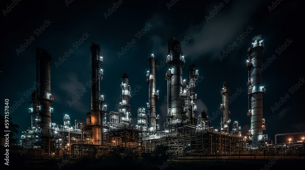 Night photography of a power plant, industrial factory background,  created using Generative AI technology