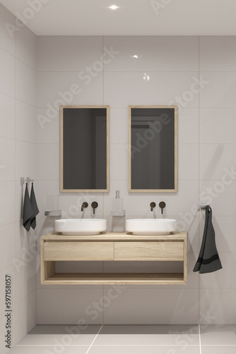 3D render of modern bathroom design with two sinks and white tiles.