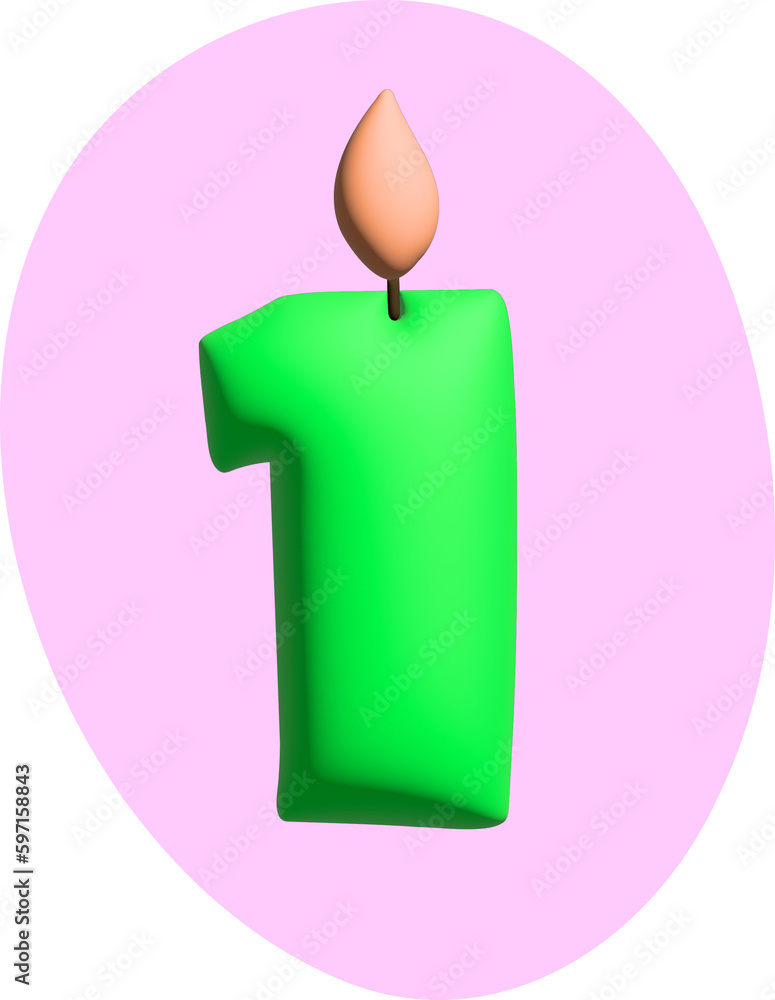 3D green festive number 1 with a candle with pink background 3D green festive number 1 with a candle with pink background