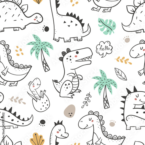 Seamless pattern with hand drawn dinosaurs.