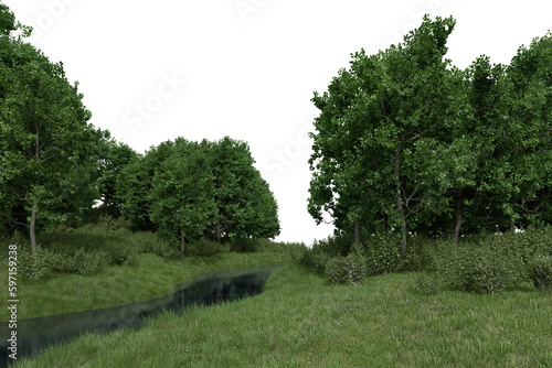 Realistic grass plain with river and trees. 3d rendering of isolated objects.