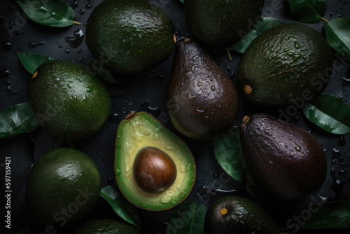 Whole and cut fresh organic avocados on dark background  top view  flat lay. Generative AI