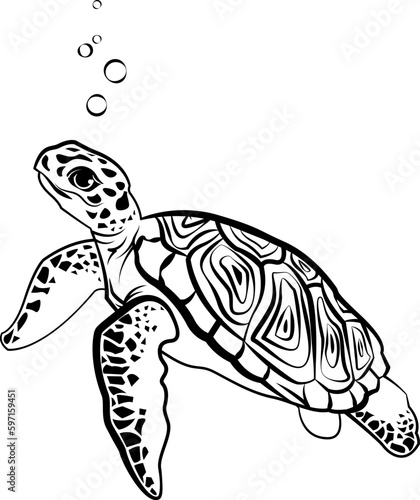 linear sketch of an underwater turtle with water bubbles.Vector illustration of marine fauna.Swimming turtle icon,mascot,emblem.