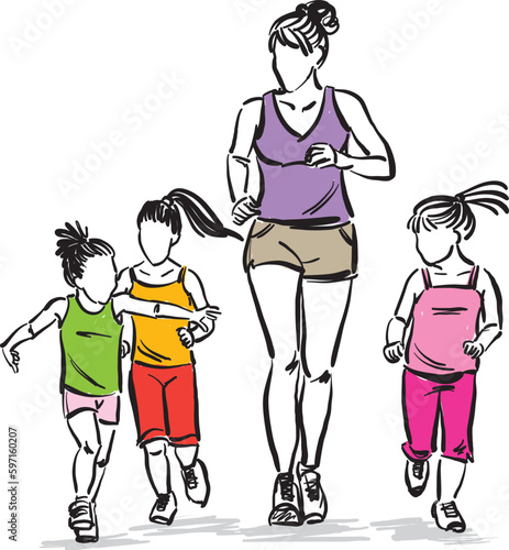 mother mom and kids daughters three mothers day running jogging walking together vector illustration