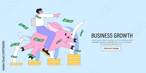 Business woman run investment ladder or steps banner, web page. High potential and company developement, growth. Concept of business success, leadership, innovation. Character follow growing arrow.