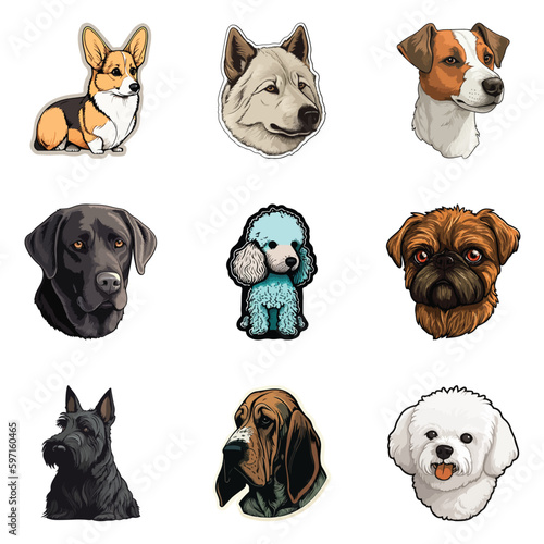 Fototapeta Naklejka Na Ścianę i Meble -  Dog Stickers Flat Icon Set Isolated On White Background