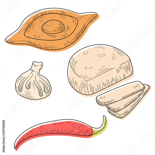Drawing georgian national food isolated on the white background. Hand drawn khachapuri, khinkali, cheese and pepper.