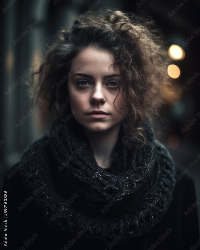 Close-up street portrait of a fictional white woman wearing a scarf and a black knitted coat. Generative AI illustration. Close-up street portrait of a fictional white woman wearing a scarf and a black knitted coat. Generative AI illustration.