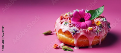 Delicious donut with cream decorated with spring flowers on a bright background. Horizontal Generative AI illustration with space for your text.