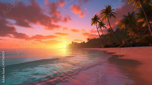 A stunningly realistic beach scene in 4K Ultra HD, with crystal clear turquoise waters, golden sands, and lush palm trees swaying in a gentle breeze, sunset on the beach, Generative AI