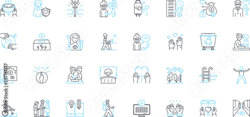 Elderly care linear icons set. Companionship, Mobility, Nutrition, Independence, Safety, Dignity, Memory line vector and concept signs. Health,Socialization,Support outline illustrations