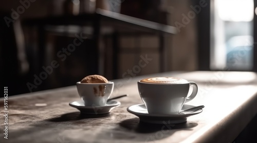 Cup with hot coffee on table of a bar