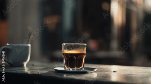 Glass with hot coffee on table of a bar
