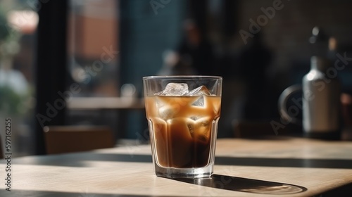 Glass with cold coffee on table of a bar