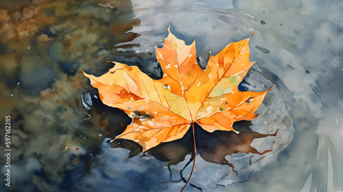 A maple leaf floats on water. Watercolor illustration. Generative ai.