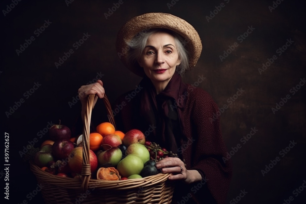 Generative AI of a beautifully aged woman holding a basket with fruits. Generative AI of a beautifully aged woman holding a basket with fruits.