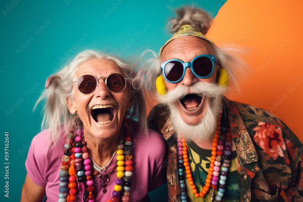 Generative AI of a funky elderly couple wearing glasses and having fun at a photo-shooting. Generative AI of a funky elderly couple wearing glasses and having fun at a photo-shooting.