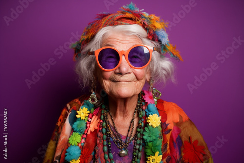 Generative AI of a funny hippie grandma. 