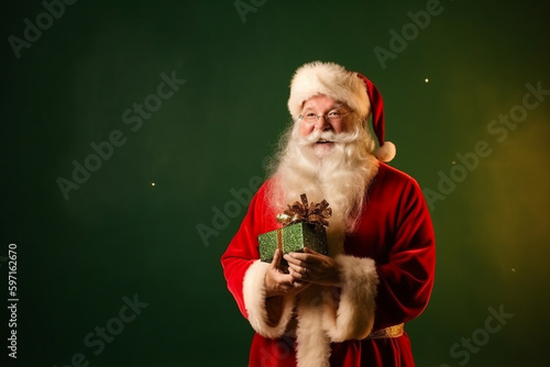 Generative AI of a Happy Santa Clause holding gifts.