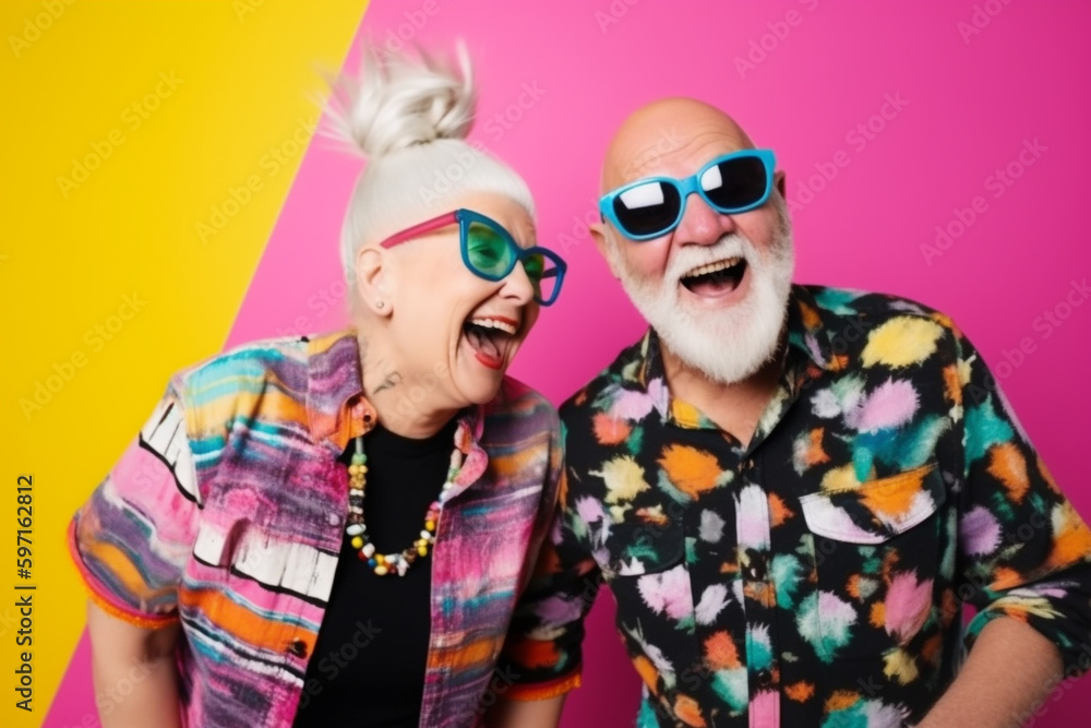 Generative AI of a funky elderly couple wearing glasses and having fun at a photo-shooting. Generative AI of a funky elderly couple wearing glasses and having fun at a photo-shooting.