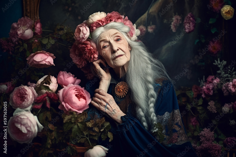 Fototapeta premium Generative AI of a beautiful and elegant aged woman with flowers.