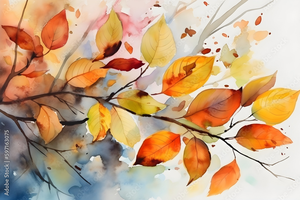 Autumn tree branch with colorful leaves. watercolor illustration. Generative ai.