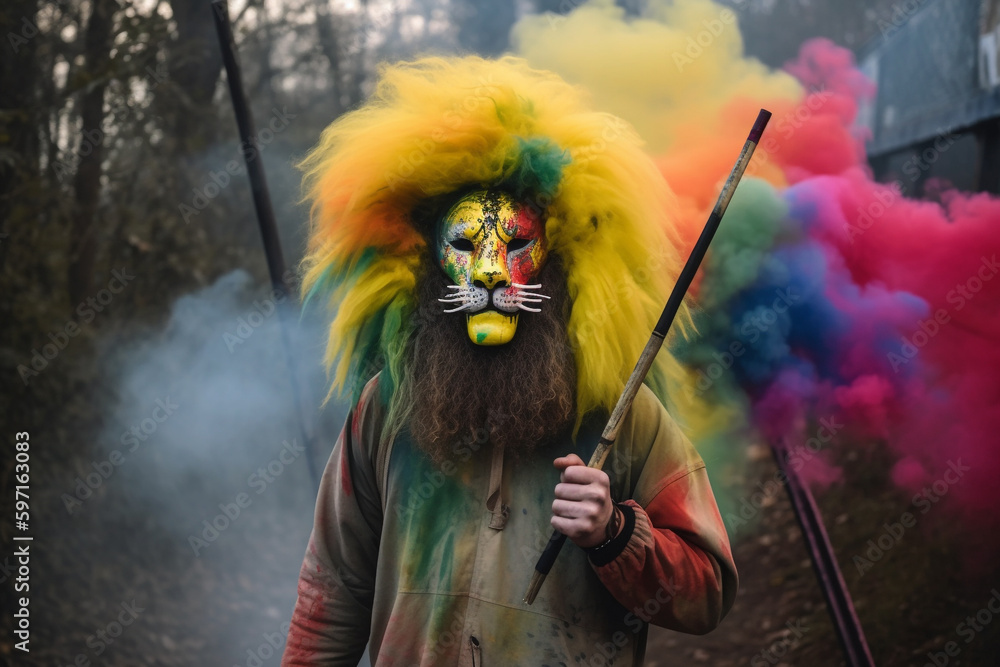 Generative AI of a person in a mask holding color-bombs. 