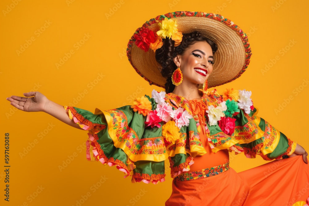 Generative AI of a beautiful Mexican woman in a traditional dress dancing. Generative AI of a beautiful Mexican woman in a traditional dress dancing.